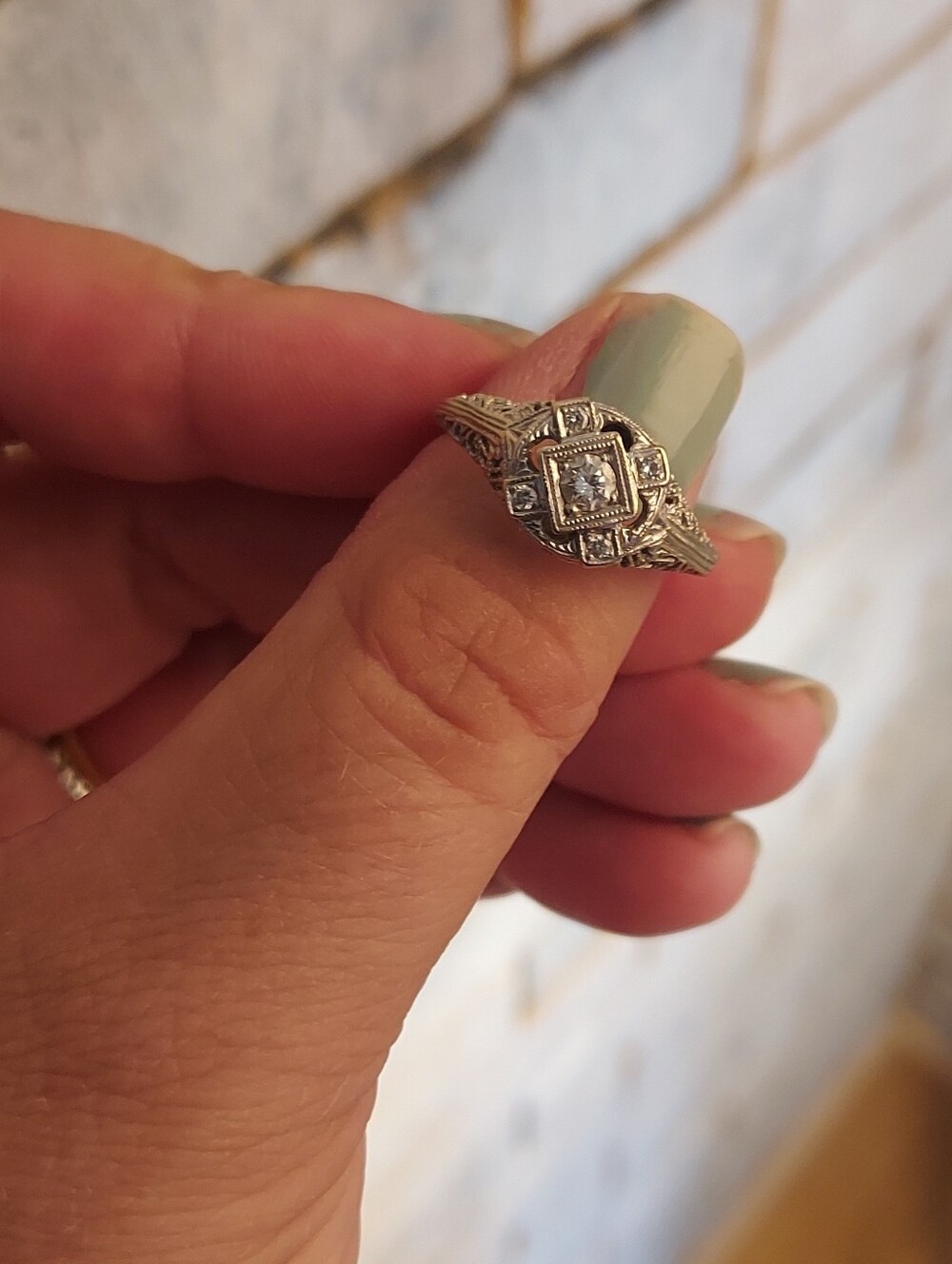 14k Natural Diamond White Gold Filigree Ring
